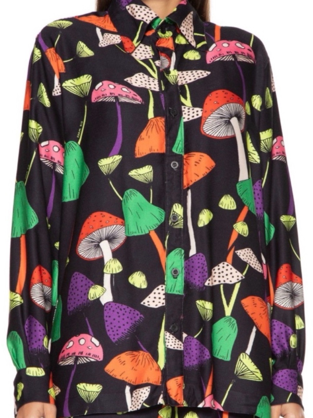 Farm Rio Fungi Neon Mushroom Print Whimsical Black Button-Front Blouse Top L